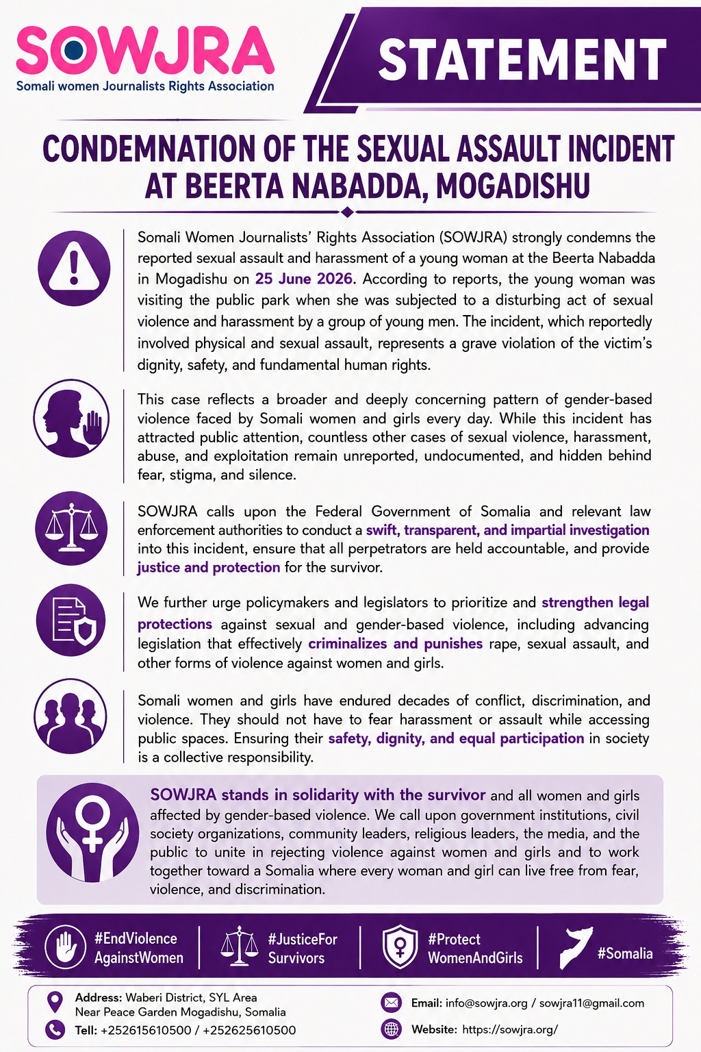 STATEMENT - CONDEMNATION OF THE SEXUAL ASSAULT INCIDENT AT BEERTA NABADDA, MOGADISHU